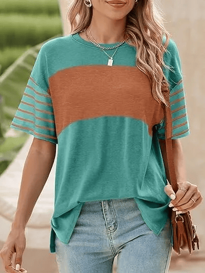 Womens Oversized Crewneck Casual Color Block Striped Shirts Blouses