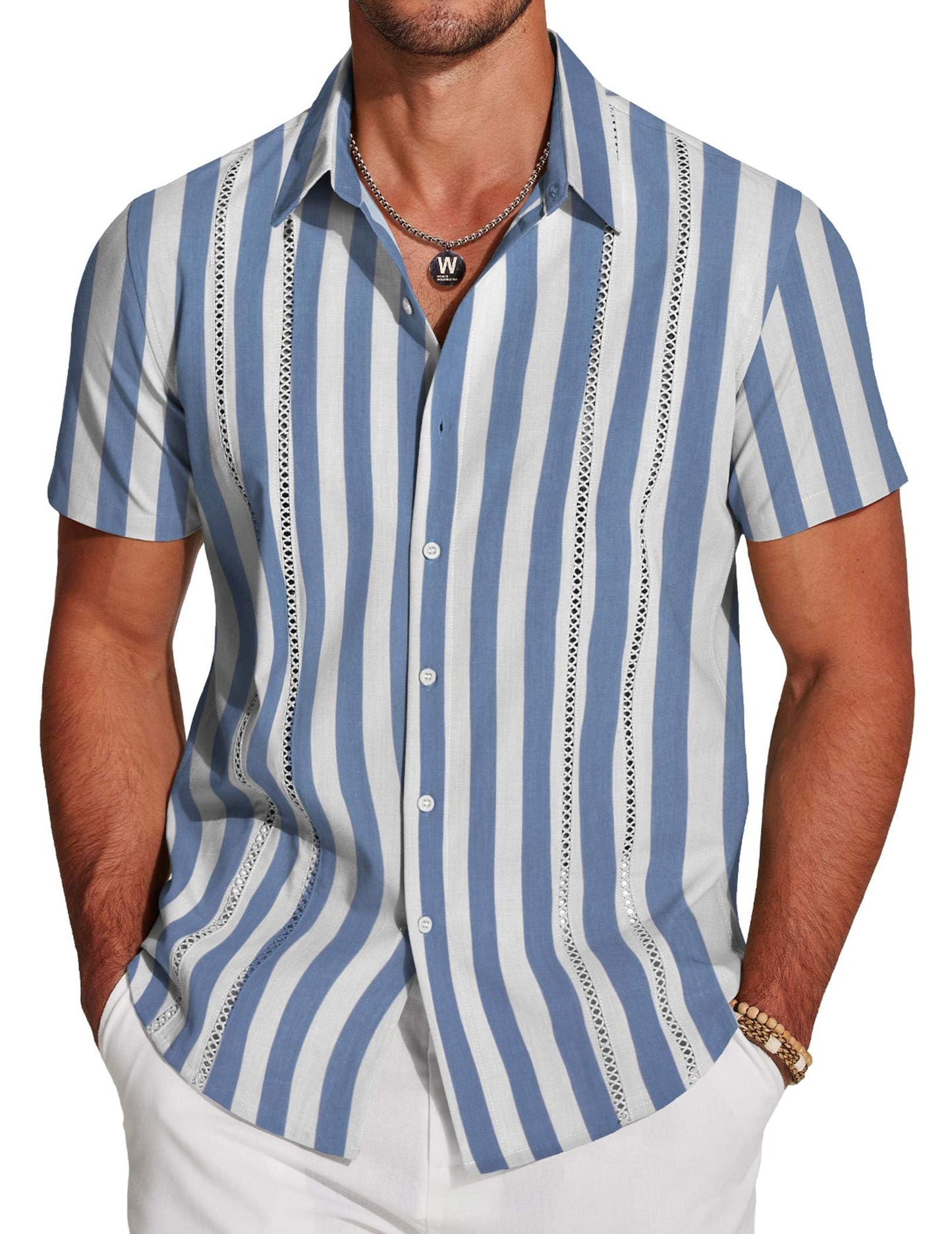 Men's Cuban Guayabera Shirt Short Sleeve Button Down Shirts Casual Summer Beach Linen Shirts