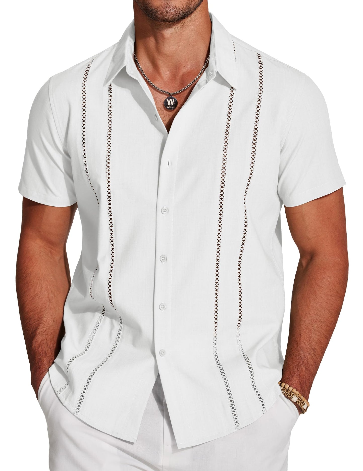 Men's Cuban Guayabera Shirt Short Sleeve Button Down Shirts Casual Summer Beach Linen Shirts