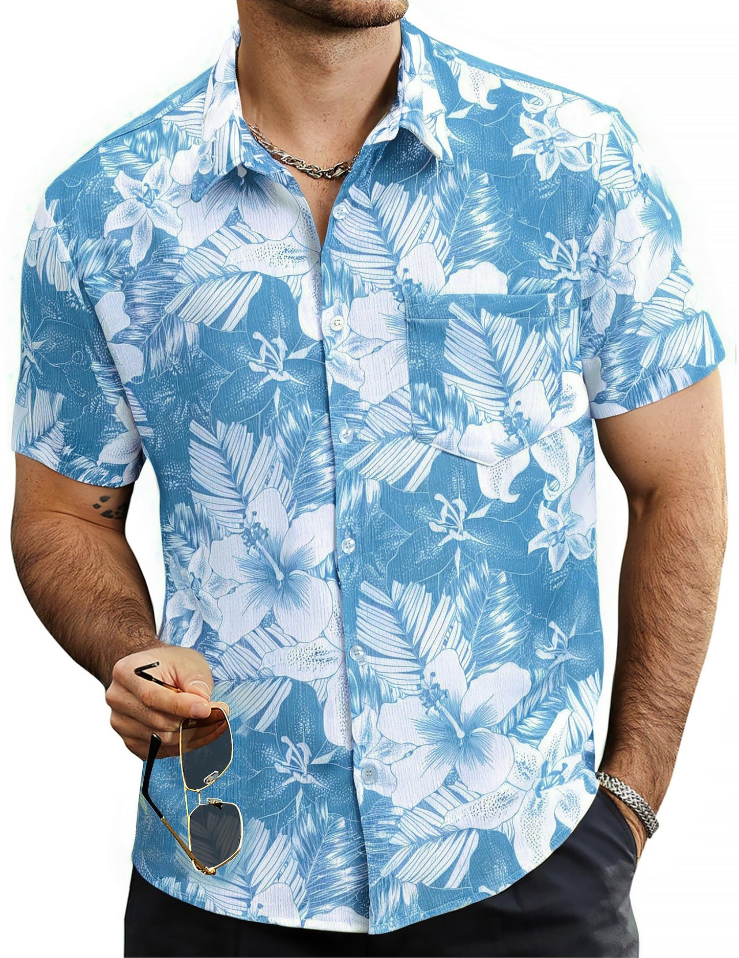 Mens Summer Striped Shirts Button Down Short Sleeve Vintage Beach Hawaiian Shirts with Pocket