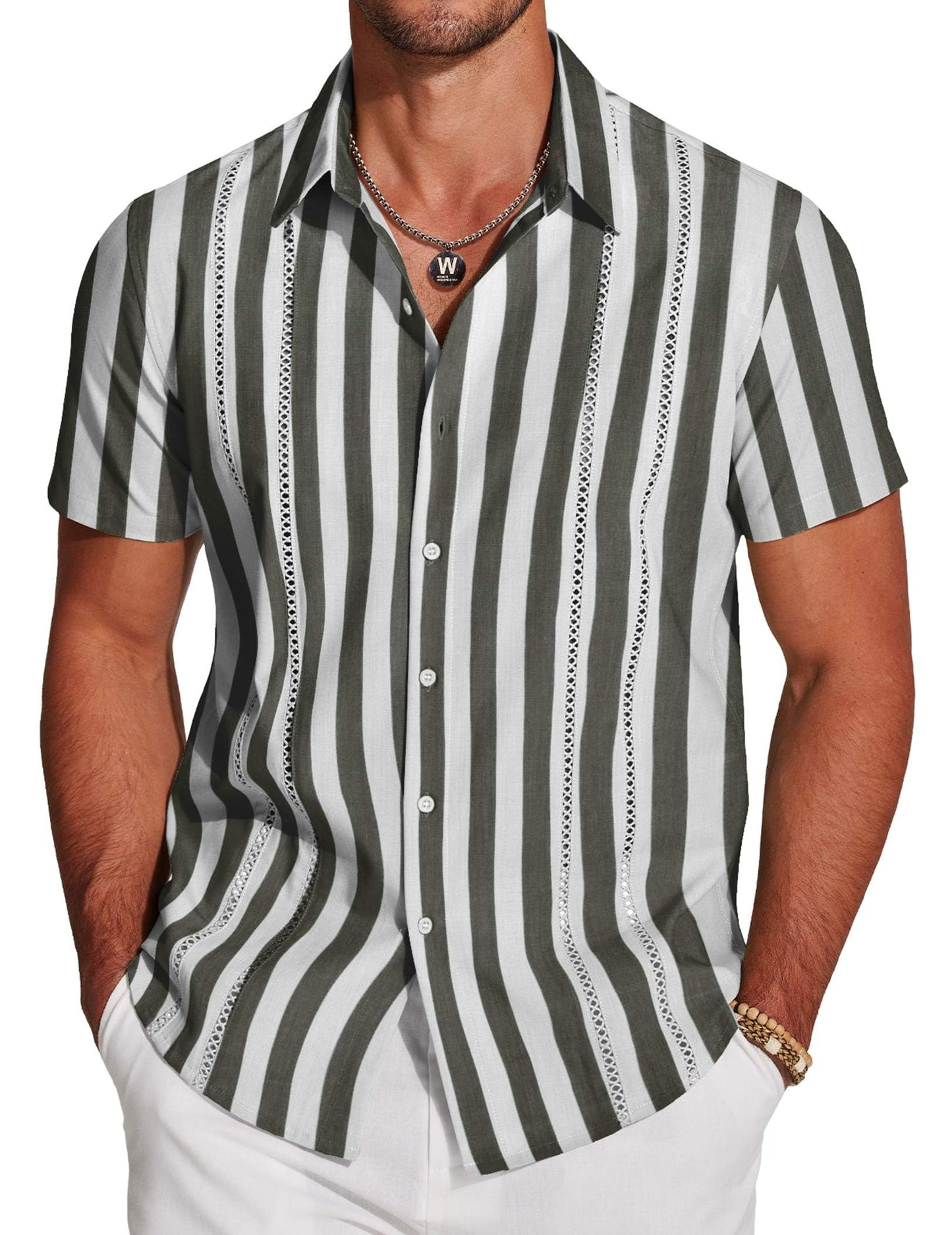 Men's Cuban Guayabera Shirt Short Sleeve Button Down Shirts Casual Summer Beach Linen Shirts