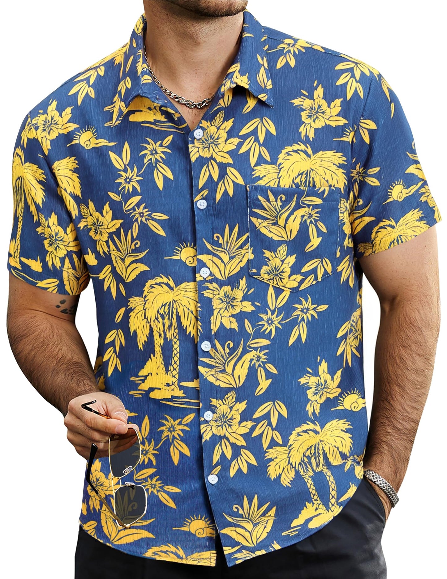 Mens Summer Striped Shirts Button Down Short Sleeve Vintage Beach Hawaiian Shirts with Pocket