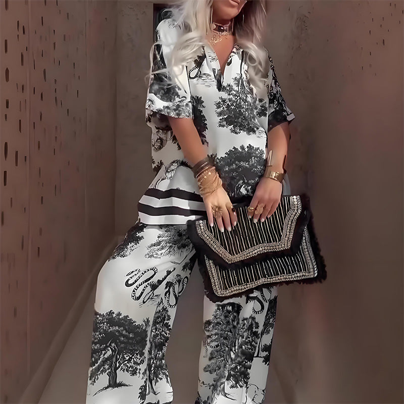 Women's Casual Printed V-Neck Top and Long Pants Set