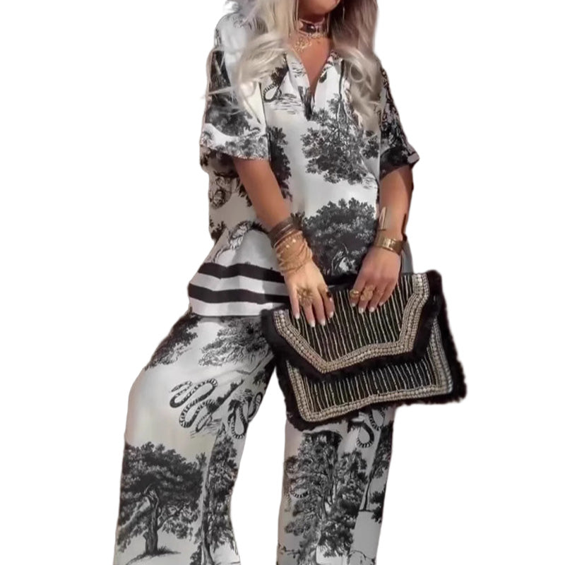 Women's Casual Printed V-Neck Top and Long Pants Set