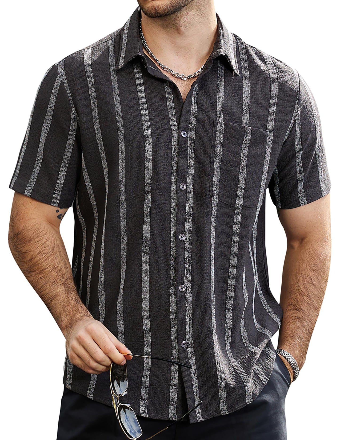 Mens Summer Striped Shirts Button Down Short Sleeve Vintage Beach Hawaiian Shirts with Pocket